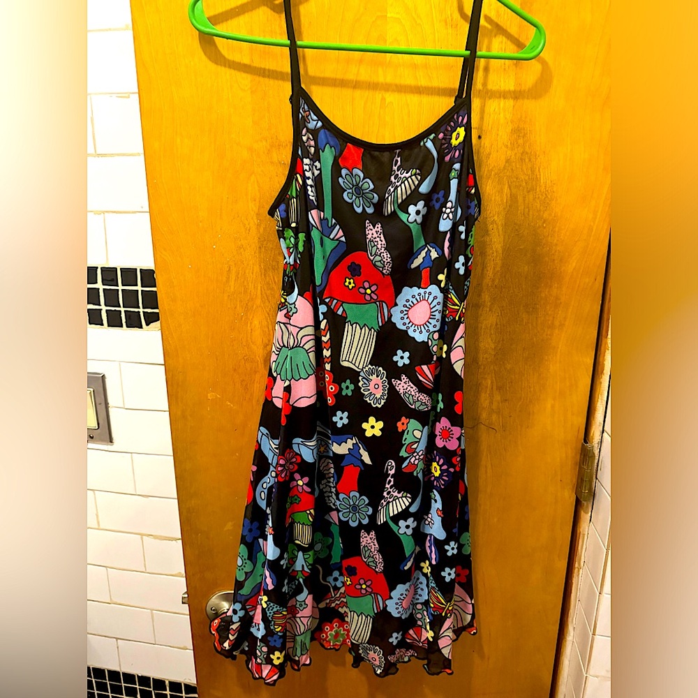 Cute black rainbow mushroom flower midi dress